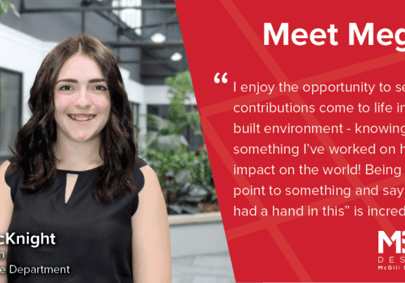 A graphic that includes a photo of MSP's newest hire Meg McKnight with a quote by her stating, "I enjoy the opportunity to see my contributions come to life in the built environment - knowing that something I’ve worked on has direct impact on the world! Being able to point to something and say “hey I had a hand in this” is incredible.". With MSP logo on the graphic.